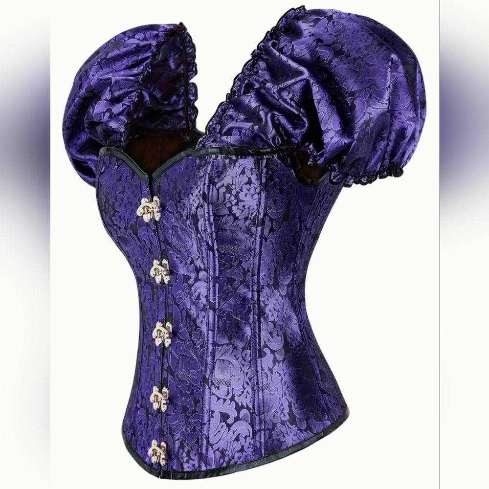 Vibrant Purple Silk Gothic Punk Style Corset with Lantern Puff Sleeves